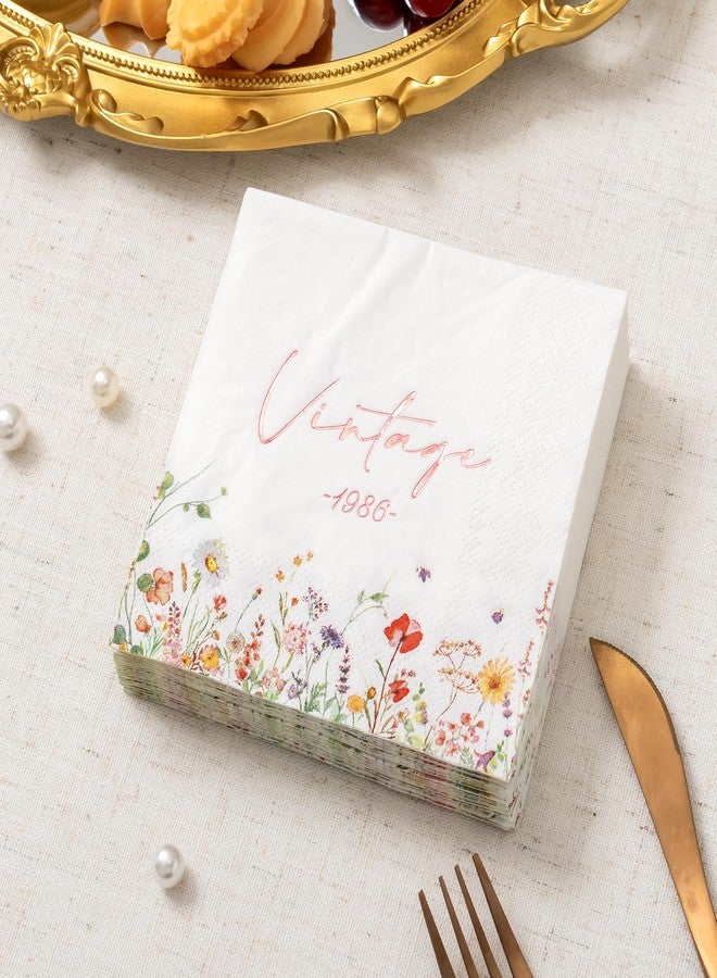 Crisky Floral 40th Birthday Napkins for Women 40th Birthday Decorations, 50 Pcs Vintage 1986 40 Years Old Disposable Napkins for Cake Dessert Beverage Table Bday Party Supplies, 3-Ply - Image 5